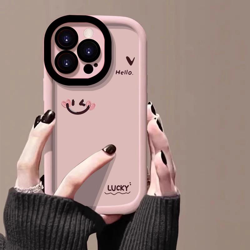 Pink Smiley Face for Apple 16promax Phone Case Painting for IPhone14pro Skin Puff 13/15