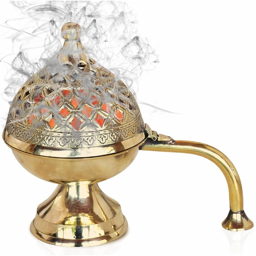 India Brass Dhoop Dani Bakhoor Holder Loban Burner Incense Holder, 8 Inch (600 Gram)