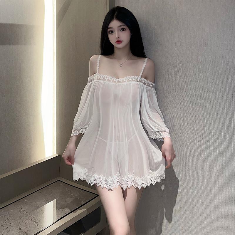 One-word Shoulder Free Pajamas Sexy Lingerie Women's Pure Desire Mesh Lace Suspender Pajama Set