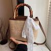 Natural Straw Shoulder Bag with Wooden Handle for Women Beach Bag Holiday Travel Bag