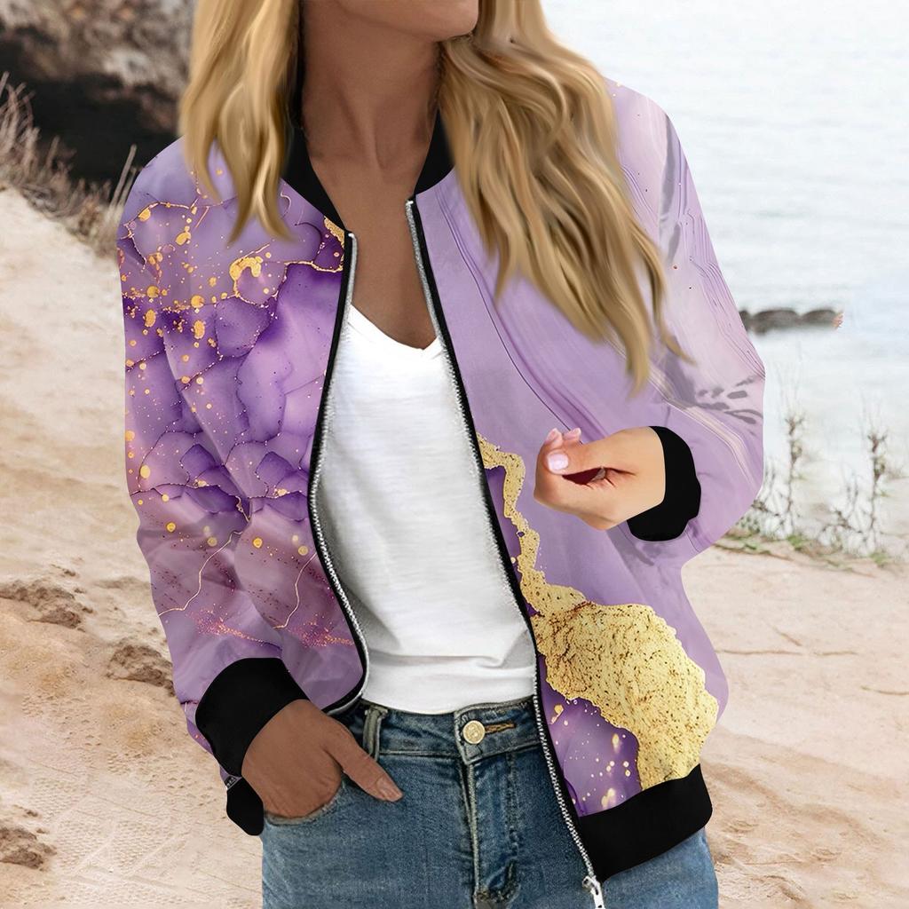 Женская мода повседневная куртка с градиентным принтом на молнии с карманами