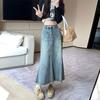 Элегантная женская необработанная кромка женская летняя тонкая юбка-бюстье с высокой талией А-силуэта средней длины с юбкой-лодочкой из денима
