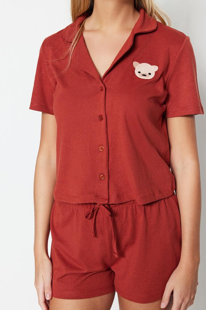 Women's Fashion New Pajama Set Cinnamon 100% Cotton Teddy Bear Embroidered Shirt-Shorts Knitted Pajama Set