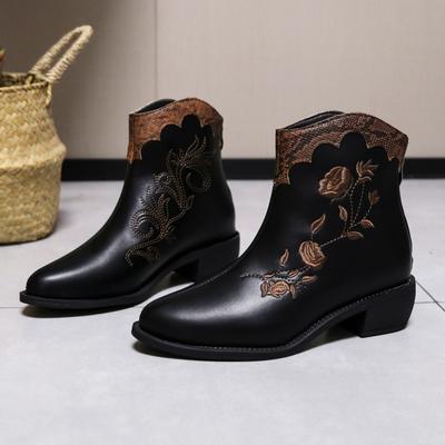 Женские хлопковые ботинки на толстом каблуке, новые зимние, остроносые, на молнии сзади, с вышивкой, противоскользящие, износостойкие, короткие ботинки