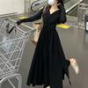 French Style Fashion Dresses Sping New Women Solid V-Neck Pleated Temperament Long Sleeve Slim Mid-length A-line Corset Dress
