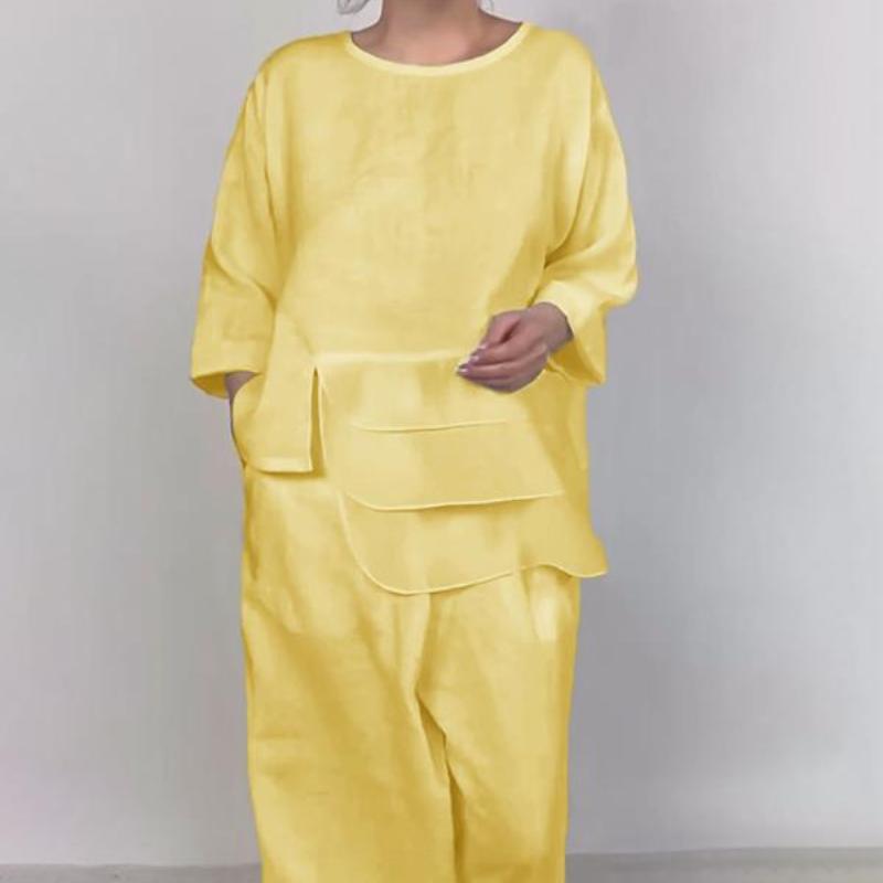 Round Neck Satin Layered Design Top and Wide Leg Pants Set