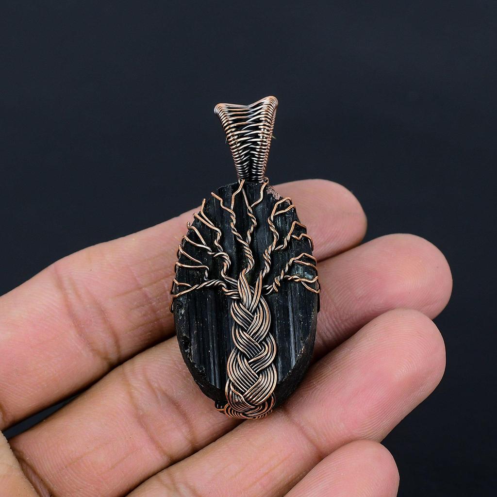 Древо жизни, черный турмалин, драгоценный камень, чистая медная проволока, ювелирная подвеска ручной работы