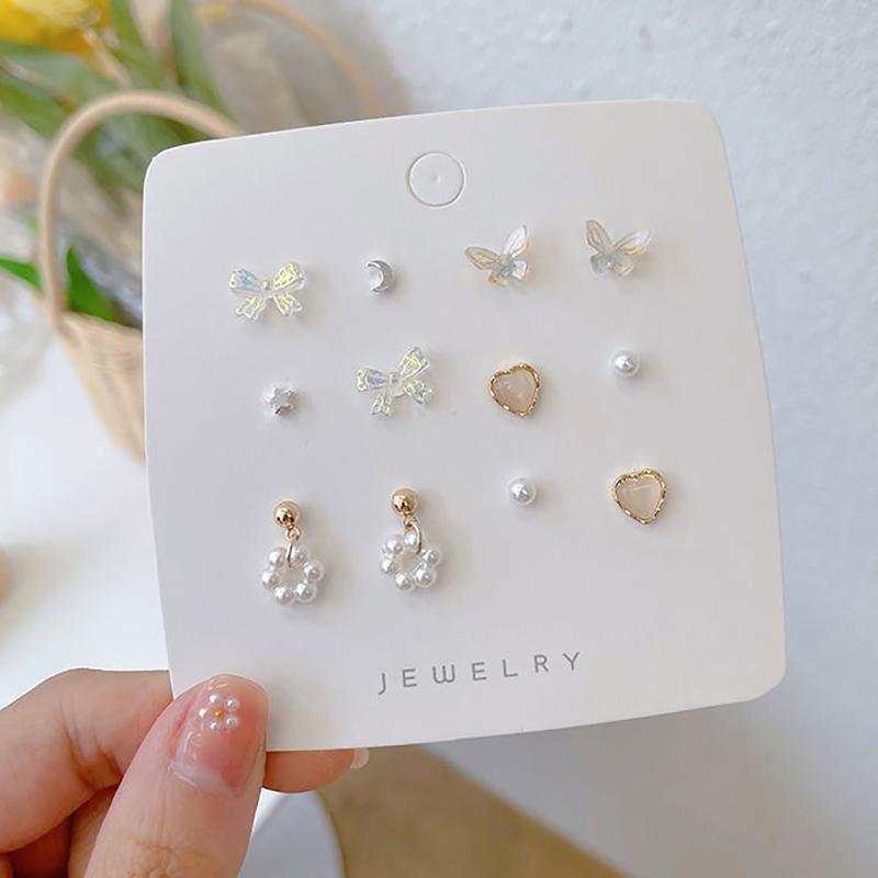 6 пар/комплект простые серьги-гвоздики с жемчужинами, луной, бантом, бабочкой, серьги в форме сердца и звезды для женщин, аксессуары, ювелирные изделия