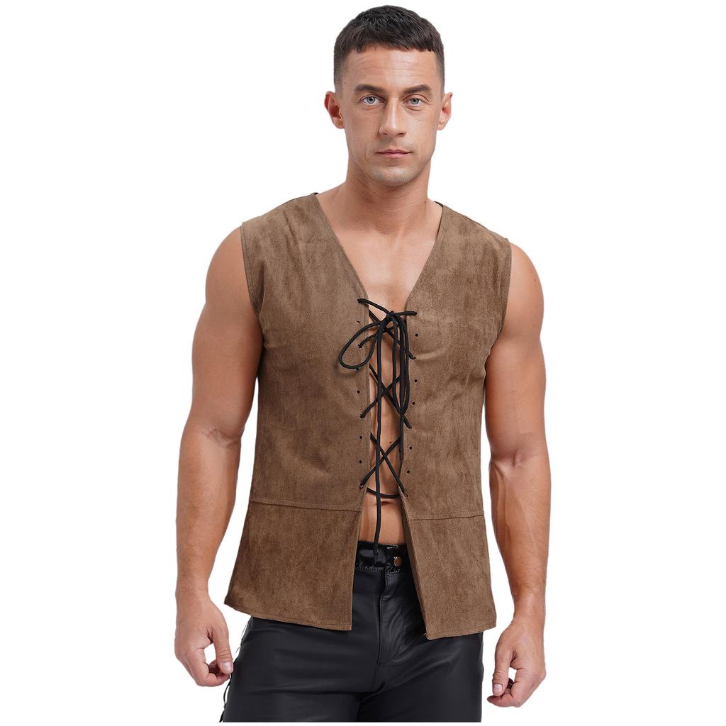 Mens Pirate Cowboy Vest Lace Up Front Solid Color Waistcoat Medieval Cosplay Halloween Costume