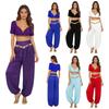 Женский комплект из 2 предметов для танца живота S-XXL: Укороченный топ с V-образным вырезом, короткими рукавами и золотой отделкой с бахромой из пайеток, длинные брюки для индийского народного танца