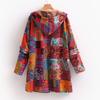 Women Winter Coat Vintage Ethnic Printing Patchwork Plush-lined Hooded with Pockets Mid Length