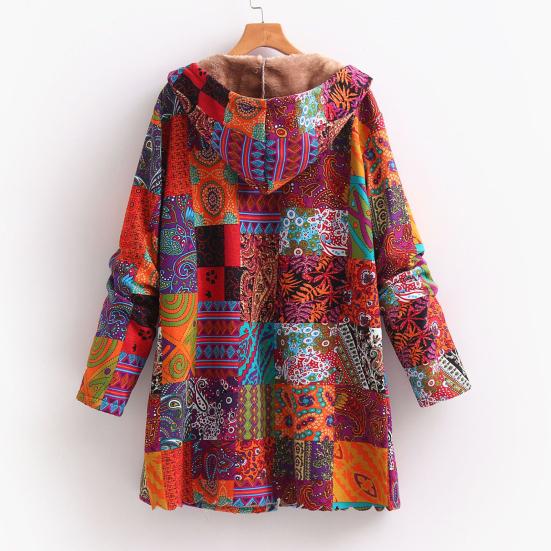 Women Winter Coat Vintage Ethnic Printing Patchwork Plush-lined Hooded with Pockets Mid Length