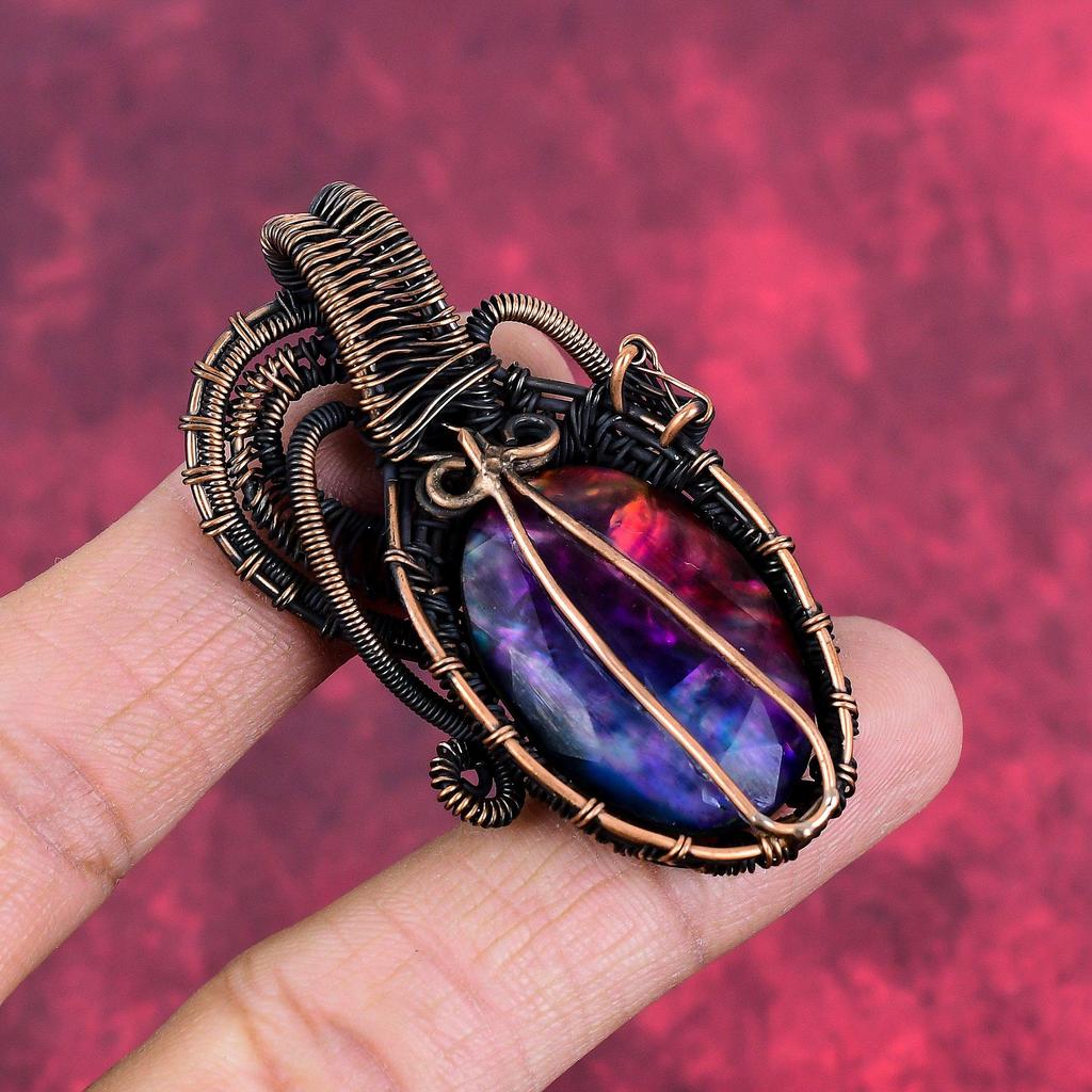 Tree of life faceted ammolite pendant copper wire wrapped pendant gemstone pendant copper wire wrap jewelry gifts for mom handmade pendant