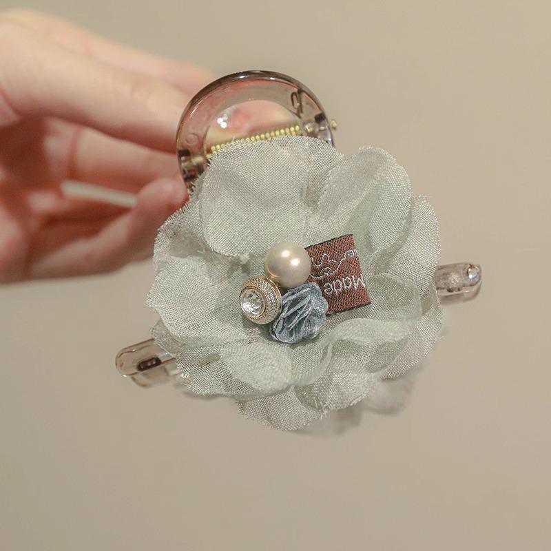 Summer Pearl Flower Women's Hair Claw Clip - Cute Korean Shark Hairpin for Back of Head, Large Size