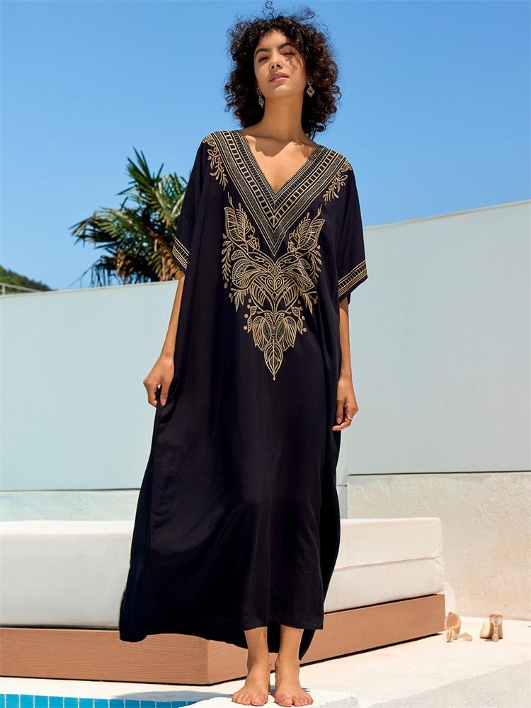 EDOLYNSA Шикарный черный кафтан с вышивкой золотой нитью размера плюс, платье с v-образным вырезом, 2024, женская летняя пляжная одежда, купальник, свободный кафтан Q1685