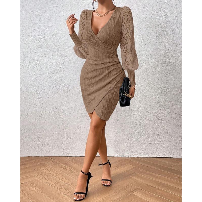Осенние однотонные облегающие сексуальные облегающие платья с V-образным вырезом и длинными рукавами для женщин
