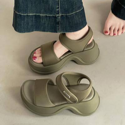 Универсальные повседневные сандалии на танкетке с толстой подошвой для увеличения роста, женская летняя мода, круглый носок, уличная обувь на липучке