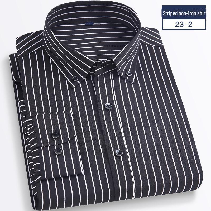 Мужская рубашка 2025 года в полоску, с длинным рукавом, облегающего корейского кроя — повседневная деловая одежда, не требует глажки, удобная.