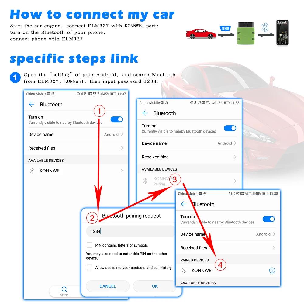 KONNWEI KW902 ELM327 V1.5 Bluetooth 5.2 Автосканер OBD2 Диагностический инструмент для автомобиля OBD 2 Считыватель кодов для Android iOS