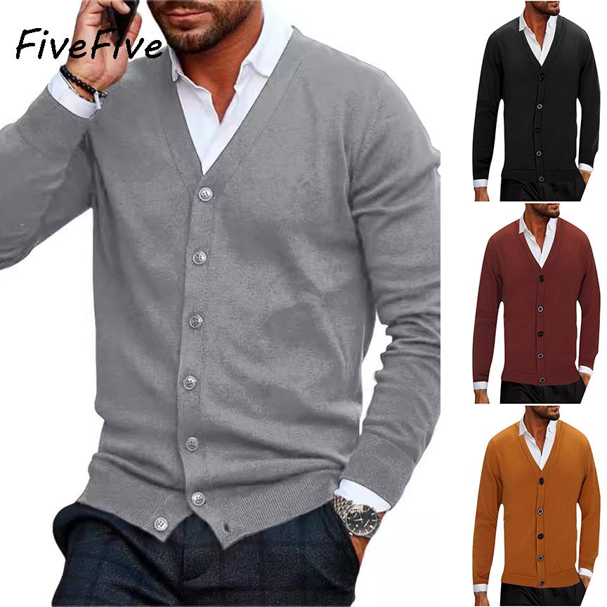 FiveFive Men's Fashion Cardigan Jacket Solid Color Button Casual Loose Knit Cardigan Solid Color Button Cardigan