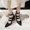 Spring New Coarse Heel Shoes Women Pointed Head Shallow Mouth Rivets Metal Buckle Line Belt High Heels