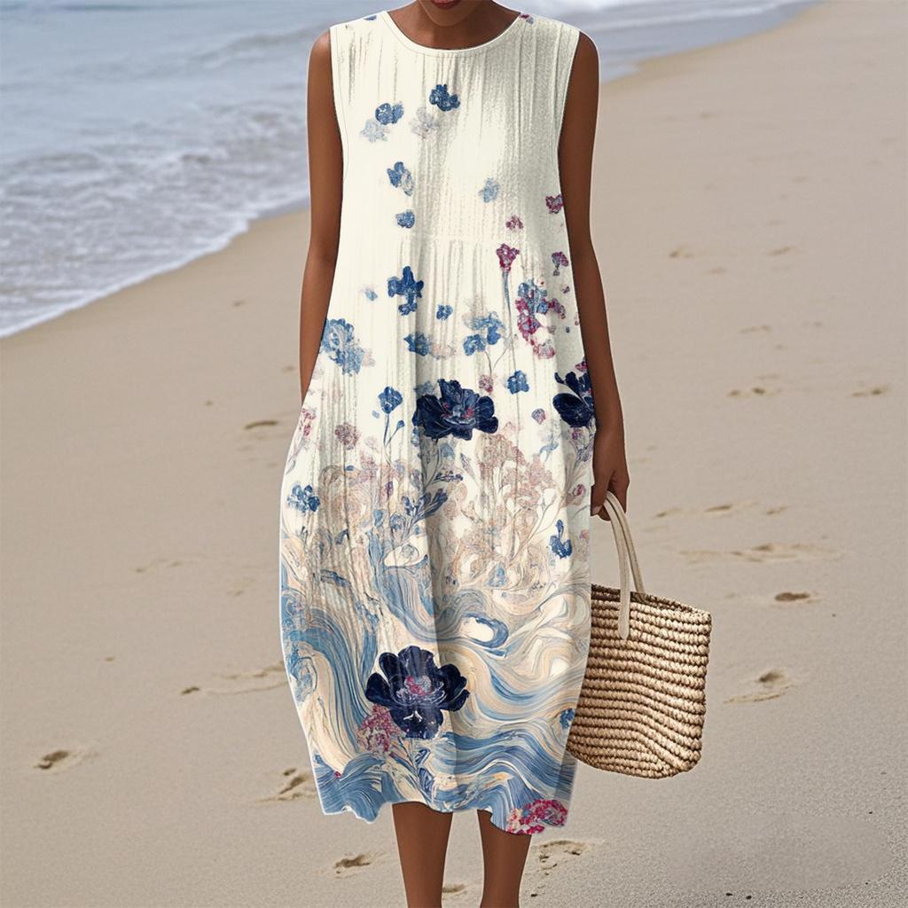 Женское модное повседневное платье без рукавов с круглым вырезом и цветочным принтом, элегантное, темпераментное
