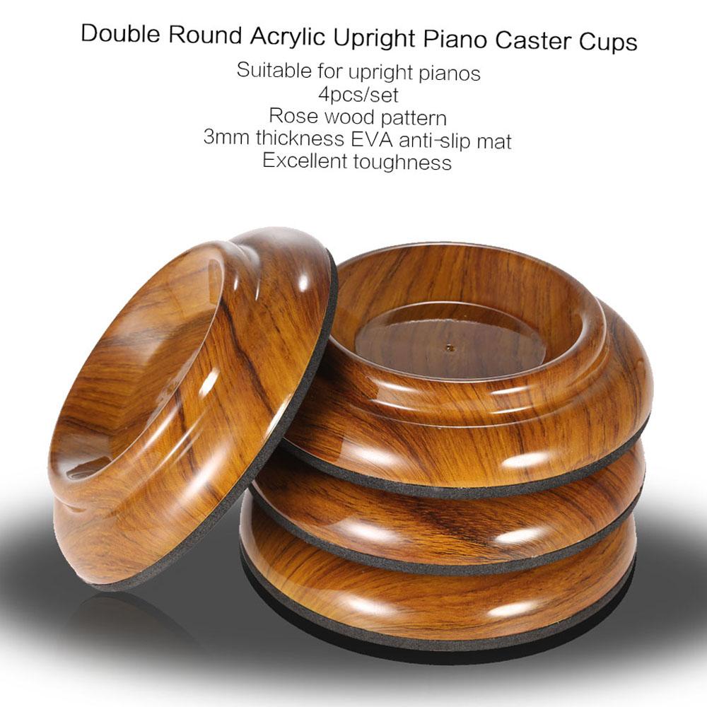 4pcs Set Double Round Acrylic Upright Piano Caster Cups W Rose Wood Pattern & EVA Anti Slip Mat