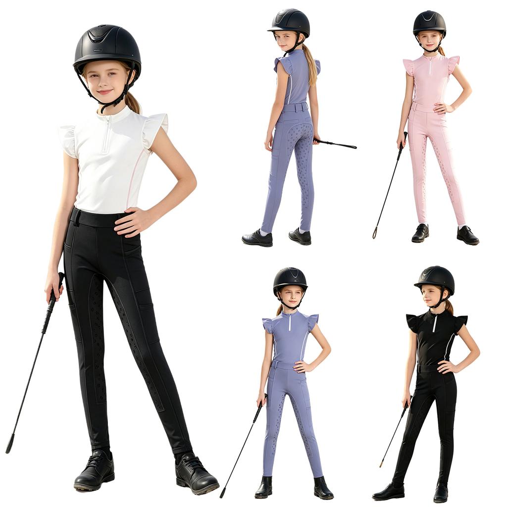 Girls Equestrian Riding Zip Up Stand Collar Ruffled Sleeves Contrast Trim Top Anti Slip Full Seat Breeches Outfit