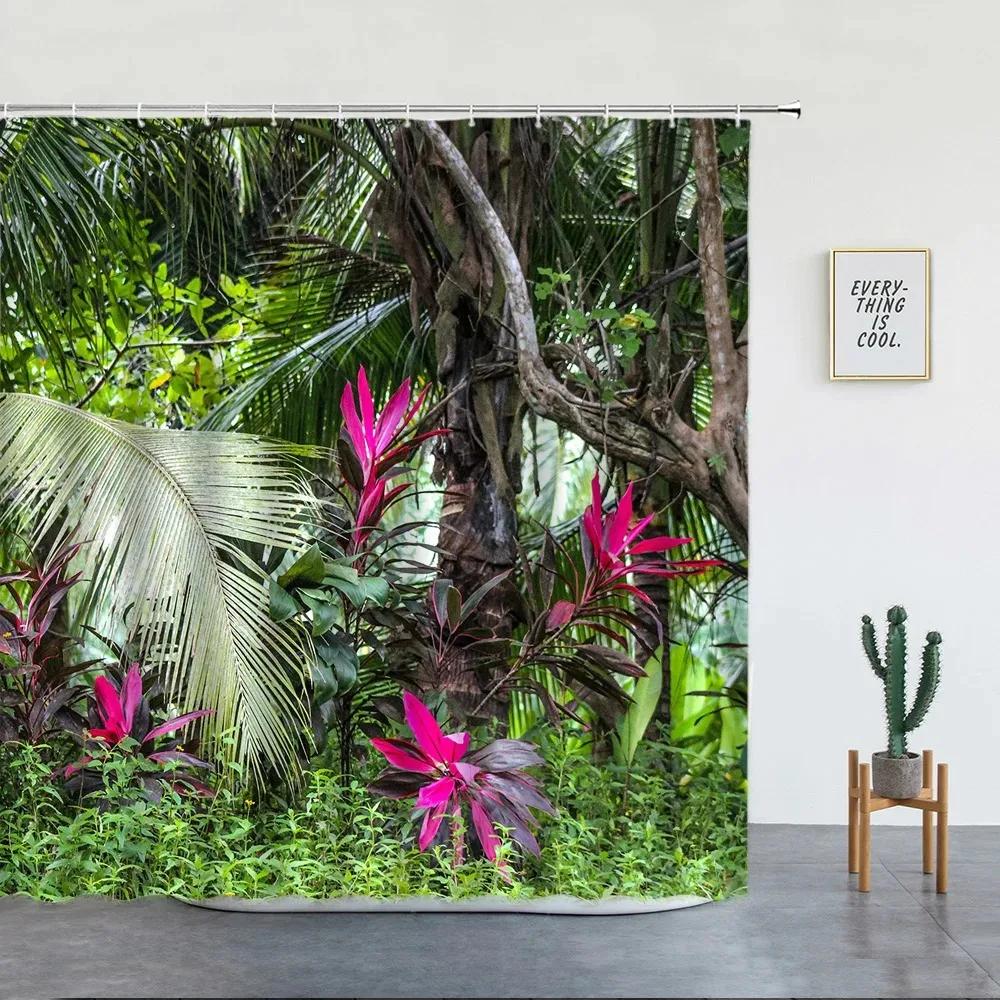 Tropical Rainforest Shower Curtains Forest Plants Rustic Nature Scenery Bath Curtain Garden Wall Hanging Bathroom Decor Hooks