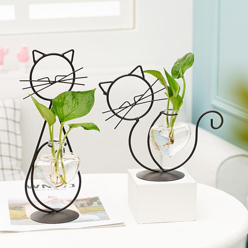 Hydroponic Glass Heart Vase With Metal Holder Hand Welded High Temperature Baking Paint Lovely Cat Shape Cute And Dynamic