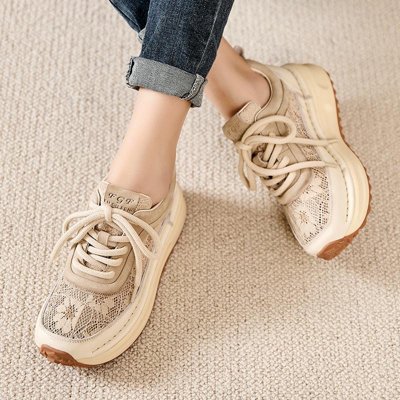 Fashion GKTINOO Sneakers Women Hollow Genuine Leather Retro Flats Thick Soled Lace-Up Summer Lady Handmade Flat Casual Shoes Women
