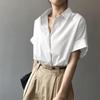 Women Summer Shirt Lapel Short Sleeve Solid Color Pullover Tops Loose Fit Thin Office Lady Shirt Workwear