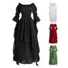 Women Ball Gown Off Shoulder Gothic Long Horn Sleeves Irregular Layered Pleated Elastic Tight Waist Solid Color Retro Renaissance Princess Dress
