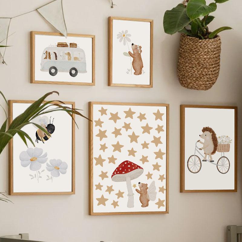 Бохо Мультяшный Медведь Ежик Машина Корабль Воздушный Шар Постеры Художественные Принты Холст Живопись Настенные Картины Для Детской Комнаты Домашний Декор