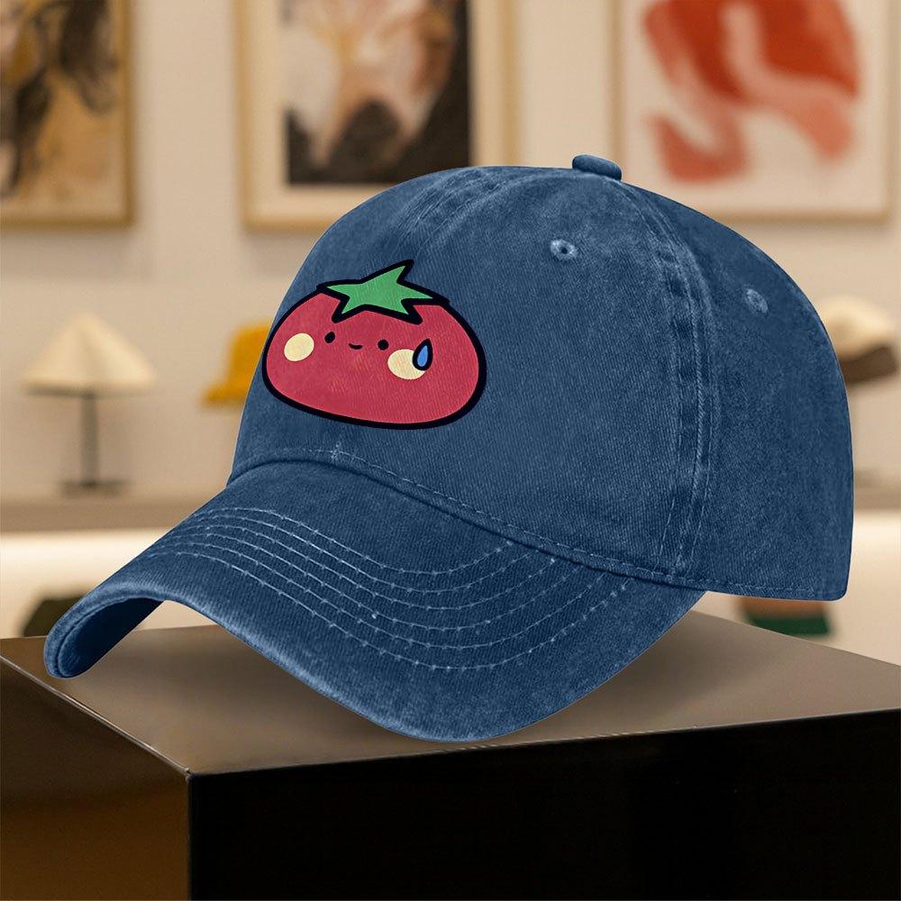 Vintage Washed Baseball Cap with Cute Tomato Sweat Drop Print Unisex Outdoor Sports Daily Wear