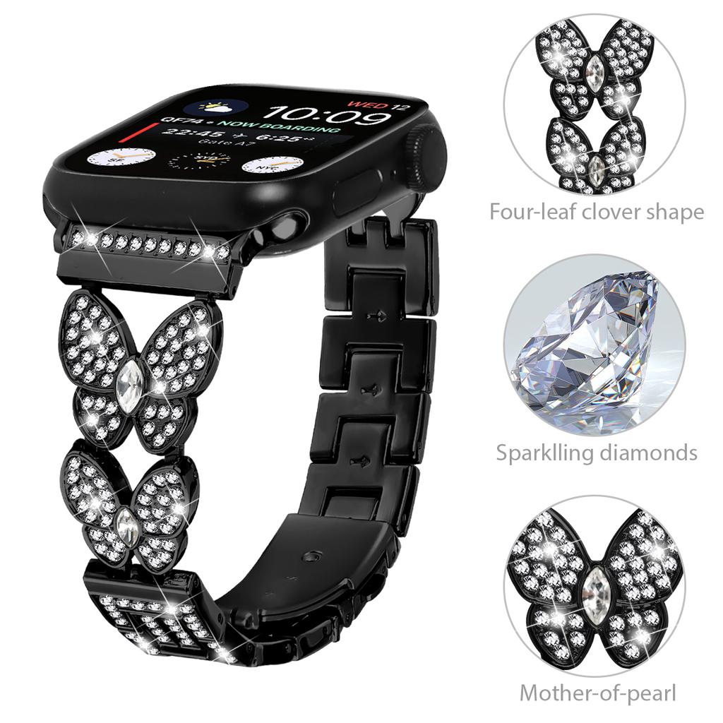 Ремешок для Apple Watch Series 10 Ultra 9 8 7 SE 6 5 4 3 2 1 46 мм 49 мм 45 мм 44 мм 42 мм Металлический ремешок из сплава, украшенный стразами-бабочками