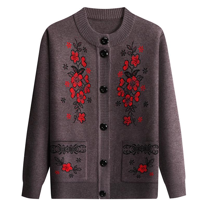 Spring and Autumn Fashion Mother's Wear Flower Embroidered Knit Sweater Temperament Elegant Elderly Clothes
