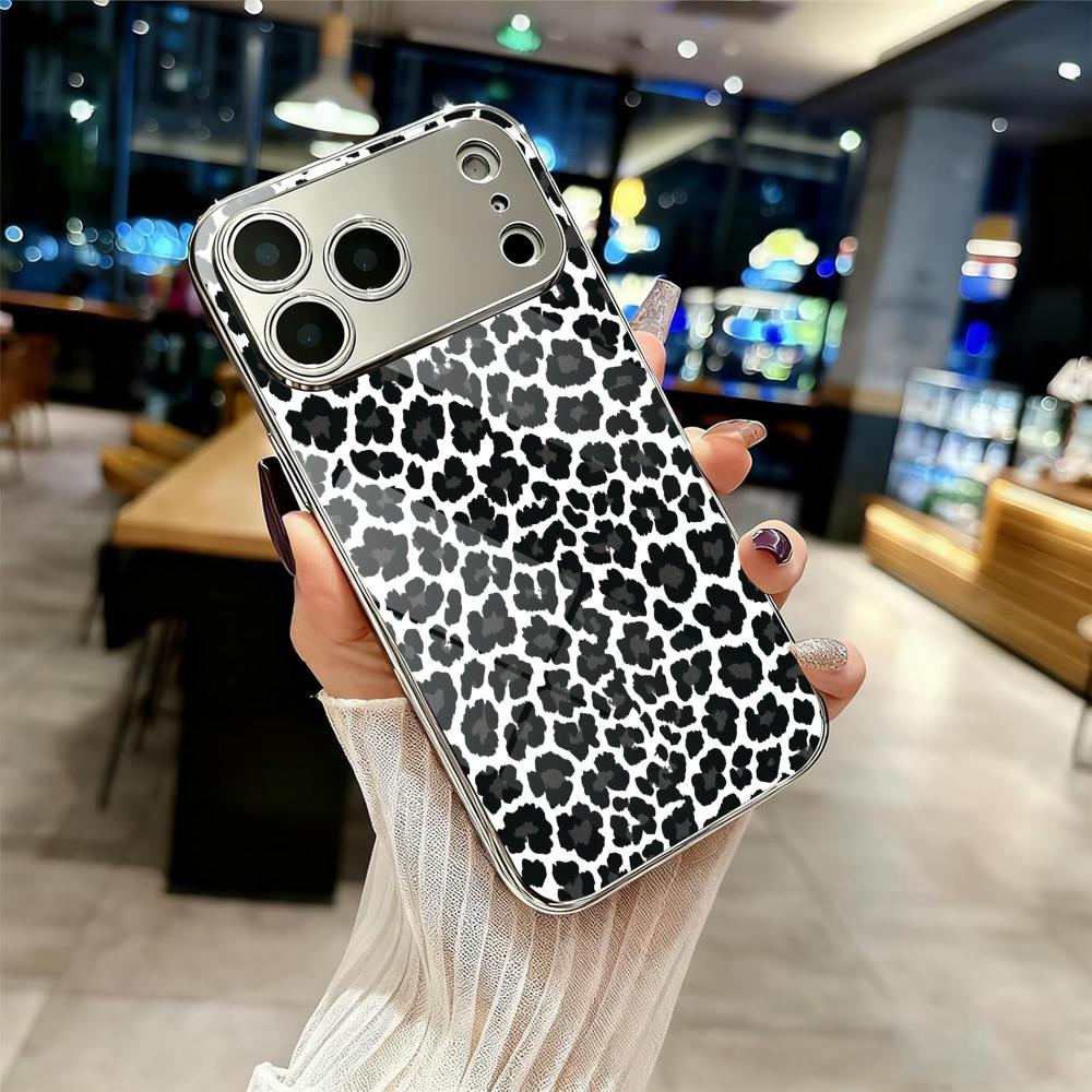 Fashion Leopard Cute Phone Case For iPhone 17 16 15 14 13 12 Pro Max Plus Electroplated Metal Shockproof Bumper Case Glass Back