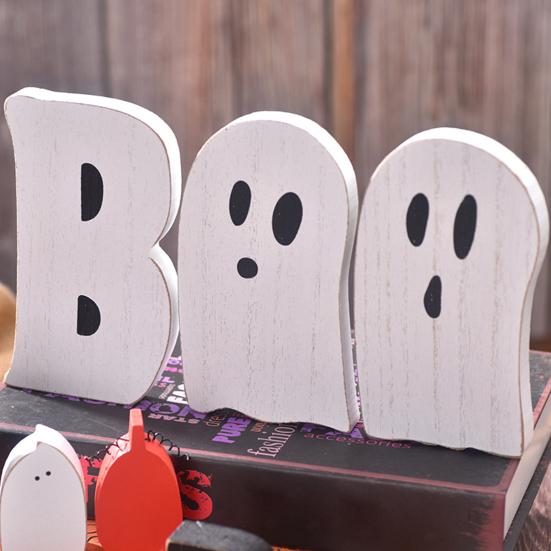 Halloween Tabletop Decor for Home 3 Pcs Indoor Table Decoration, Cute Ghost Wooden Sign with Jute Rope, Farmhouse Holiday Accents Rustic BOO