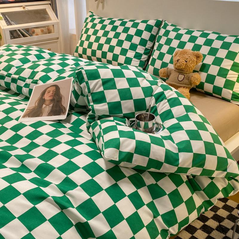 Простыня в клетку из четырех предметов и пододеяльник в японском стиле в скандинавском стиле, набор из трех предметов из стираного хлопка с начесом