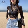 New Angel Print Sheer Blue Black Mesh Long Sleeve Blouse Shirts Women Summer Autumn Pullovers Elegant Sexy See Through Tops