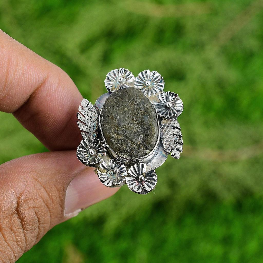 Серебро 925 пробы Натуральный лабрадорит Необработанный Штабелируемое Цветок Регулируемое кольцо
