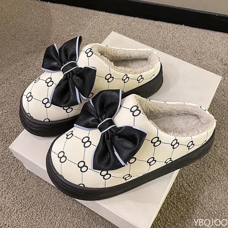 Модная зимняя женская хлопковая обувь Новые домашние хлопковые туфли Теплые с бантом Домашние милые тапочки Нескользящая толстая подошва бархатные тапочки Mujer Zapatos