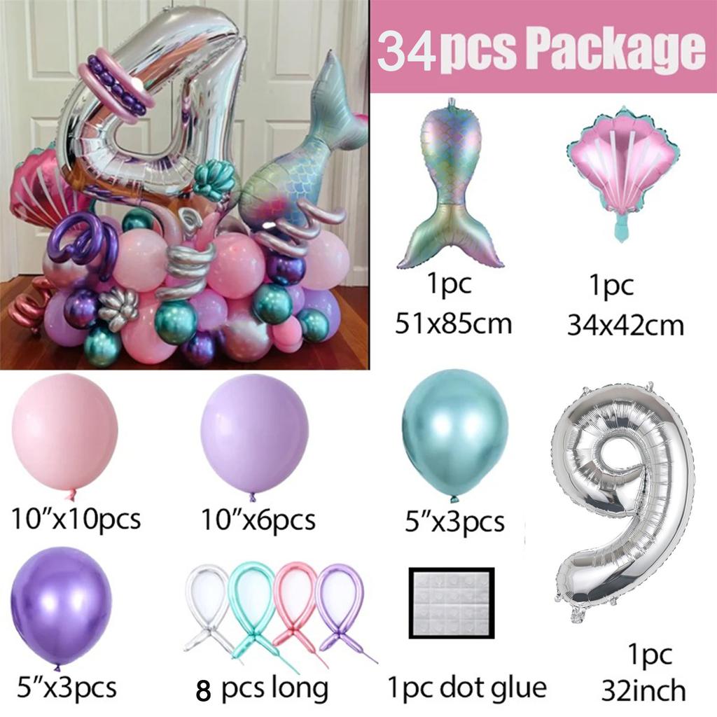 34 шт. воздушные шары с хвостом русалки, розовый, фиолетовый, воздушный шар из фольги с номером, детские украшения для дня рождения, вечерние шары с русалочкой