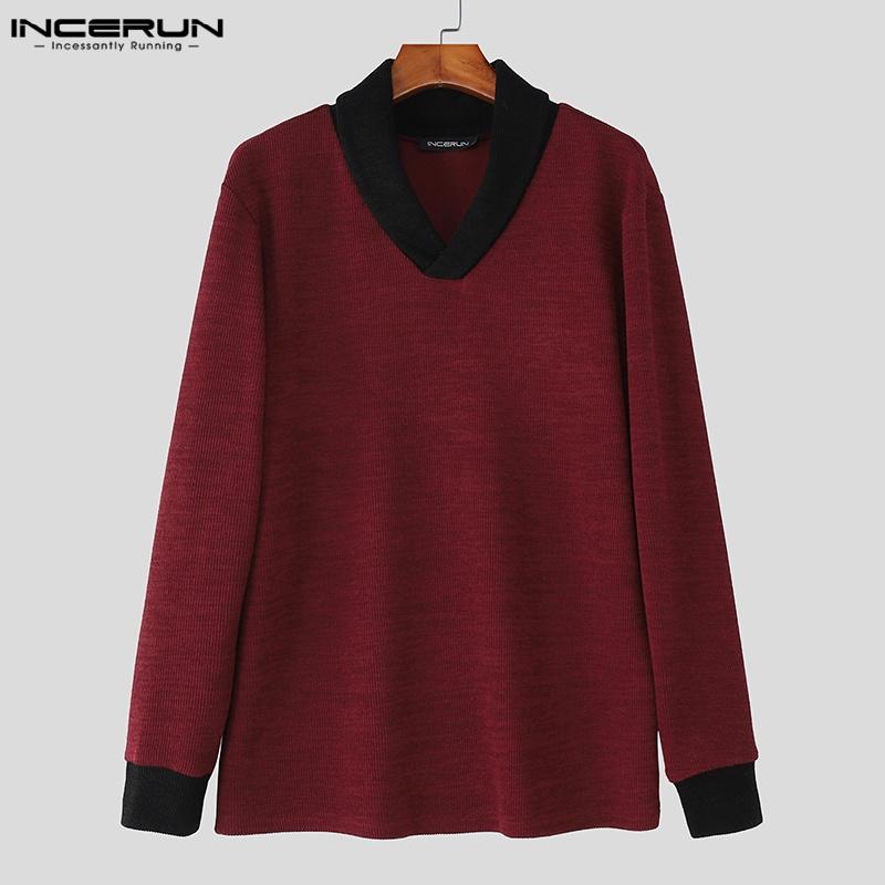INCERUN Spring Autumn Men Long Sleeve Stitching Casual Loose Knitted Pullovers Tops