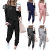 2 Pcs/Set Women Top Pants Suit Crew Neck Long Sleeves Solid Color Sleepwear Sport Sweatshirt Drawstring Elastic Waist Trousers Fitness Outfit Fall