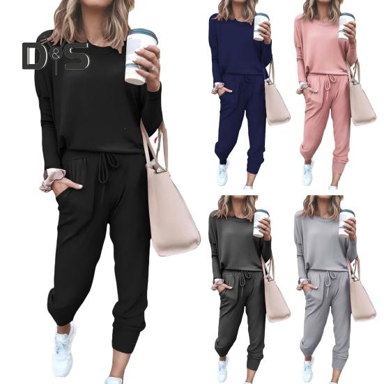 2 Pcs/Set Women Top Pants Suit Crew Neck Long Sleeves Solid Color Sleepwear Sport Sweatshirt Drawstring Elastic Waist Trousers Fitness Outfit Fall