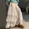 Women Cake Skirt Elastic High Waist Splicing Asymmetric Jacquard Tulle Skirt Solid Color A-Line Long Skirt