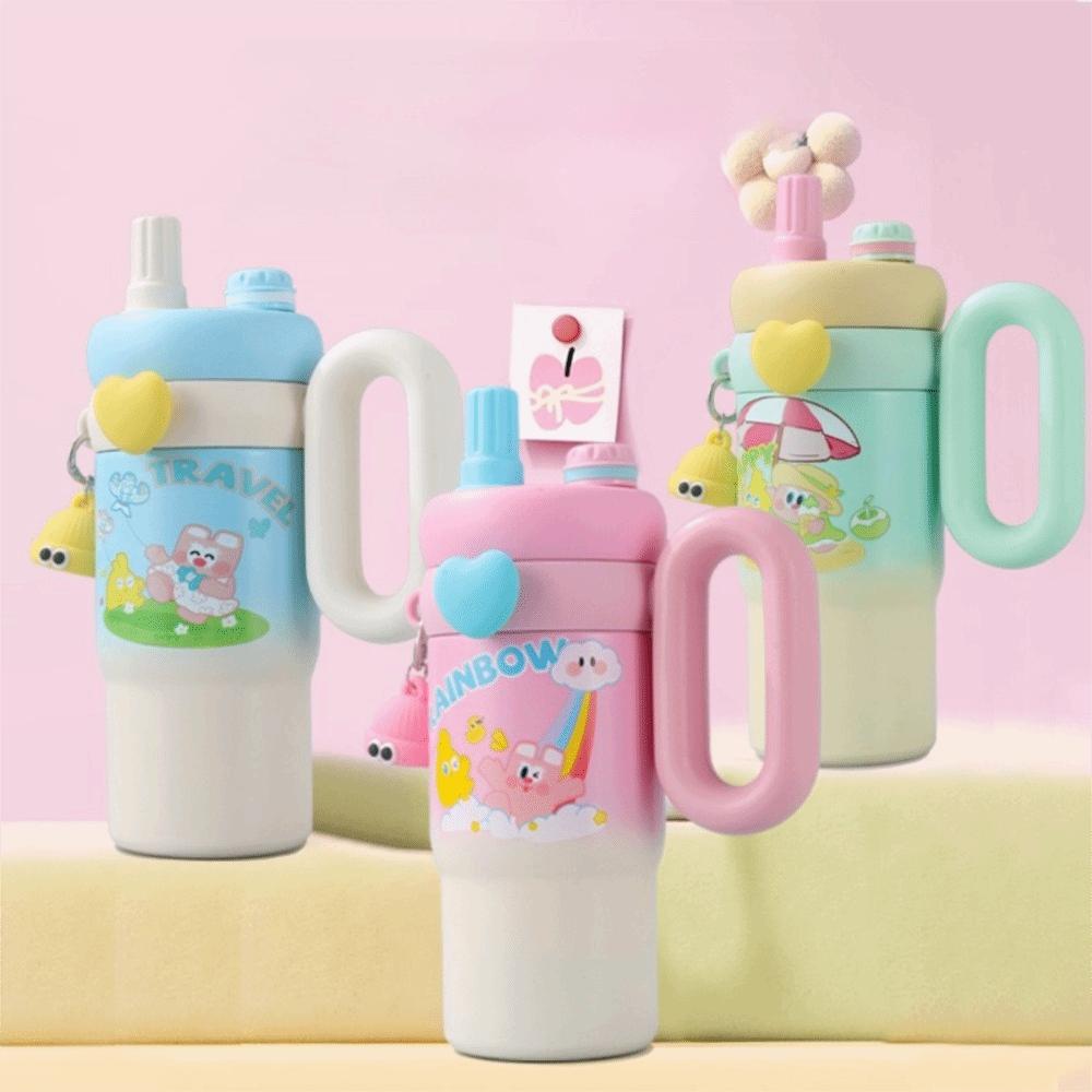 800ml Cartoon Doll Straw Thermos Cup Stainless Steel Insulated Water Cup Office