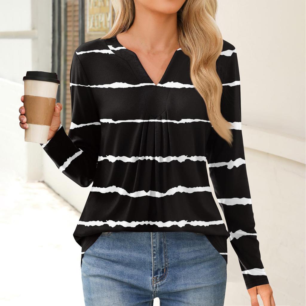 Women's Fashion Casual Long Sleeve Shirt Color Stripes Printed V Neck Up Tops